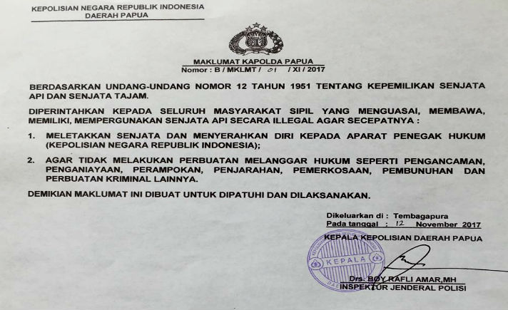 Kapolda Papua Sebarkan Maklumat Untuk KKB Serahkan Diri