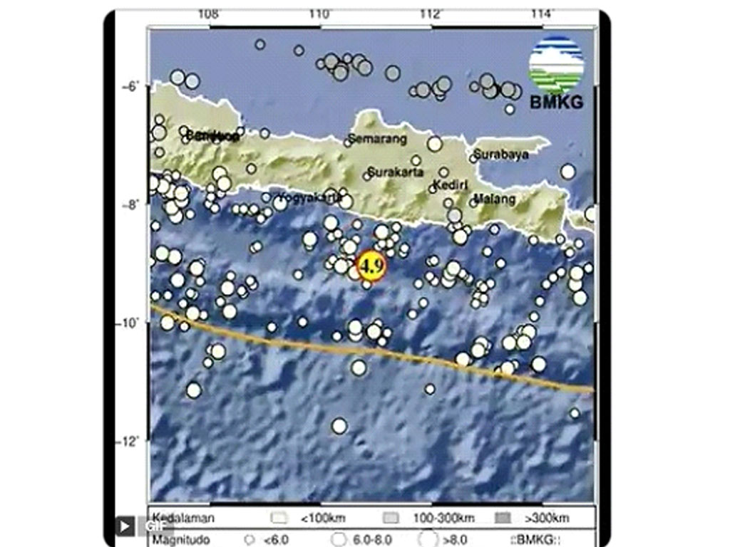 Gempa Magnitudo 4,9 di Kedalaman 10 Kilometer Terjadi di Wilayah Pacitan di Jawa Timur